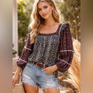 Free People Boho Puff Sleeve Mixed Print Blouse India Cotton S